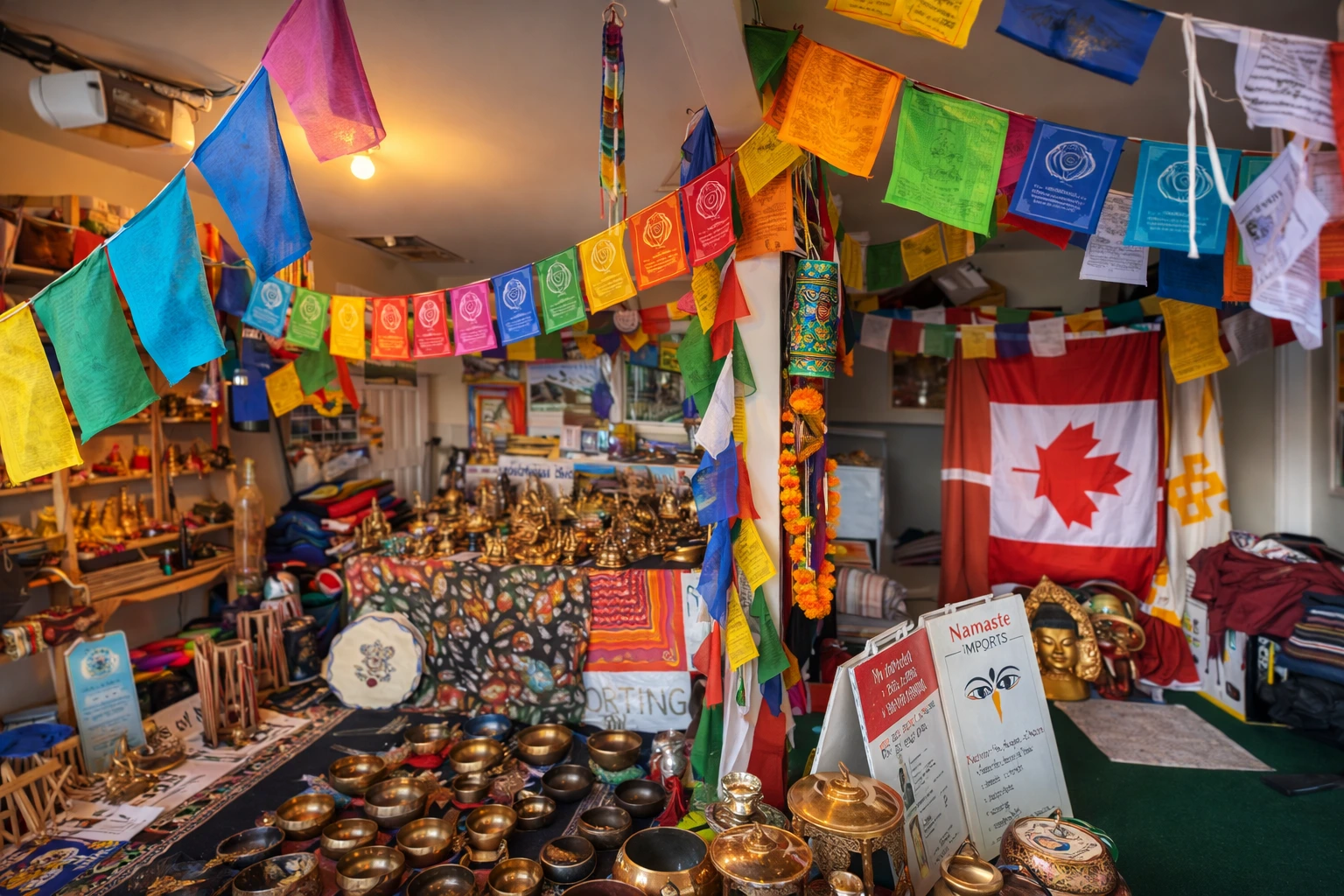 Interior of Namaste Imports retail store in Victoria, British Columbia, displaying Nepali handicrafts and textiles.